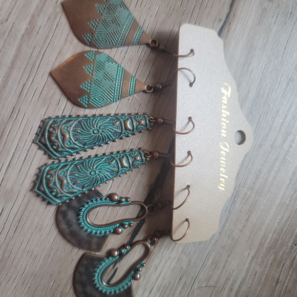 3pairs/set Vintage Style Antique Bronze Geometric Design Ear Hoop & Stud Earring - Picture 2 of 4